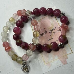 Strawberry Quartz & Rose Quartz Heart Charm Bracelets